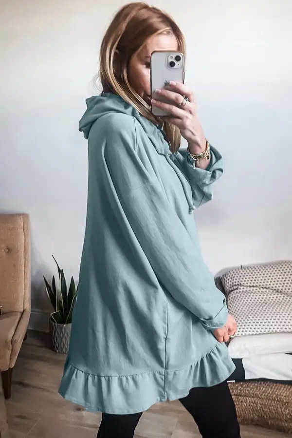 Solid Ruffled Hem Relaxed Fit Tunic Hoodie