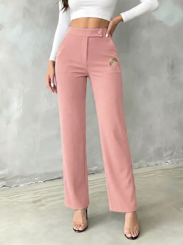 Women's Classic Comfort Ginkgo Leaf Embroidered Mid Rise Straight Leg Pants
