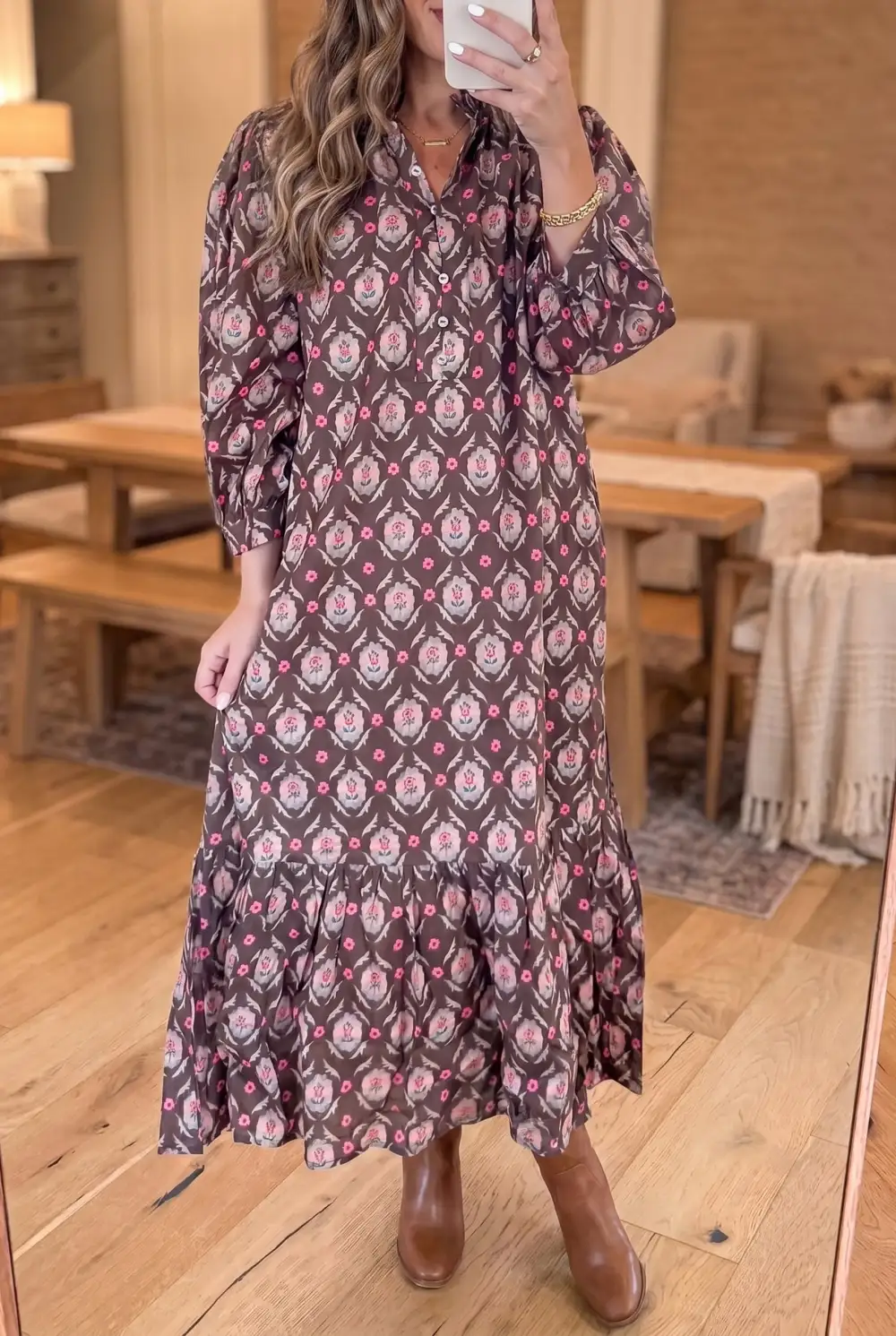 Women's Floral Print Button Front Ruffled Midi Dress