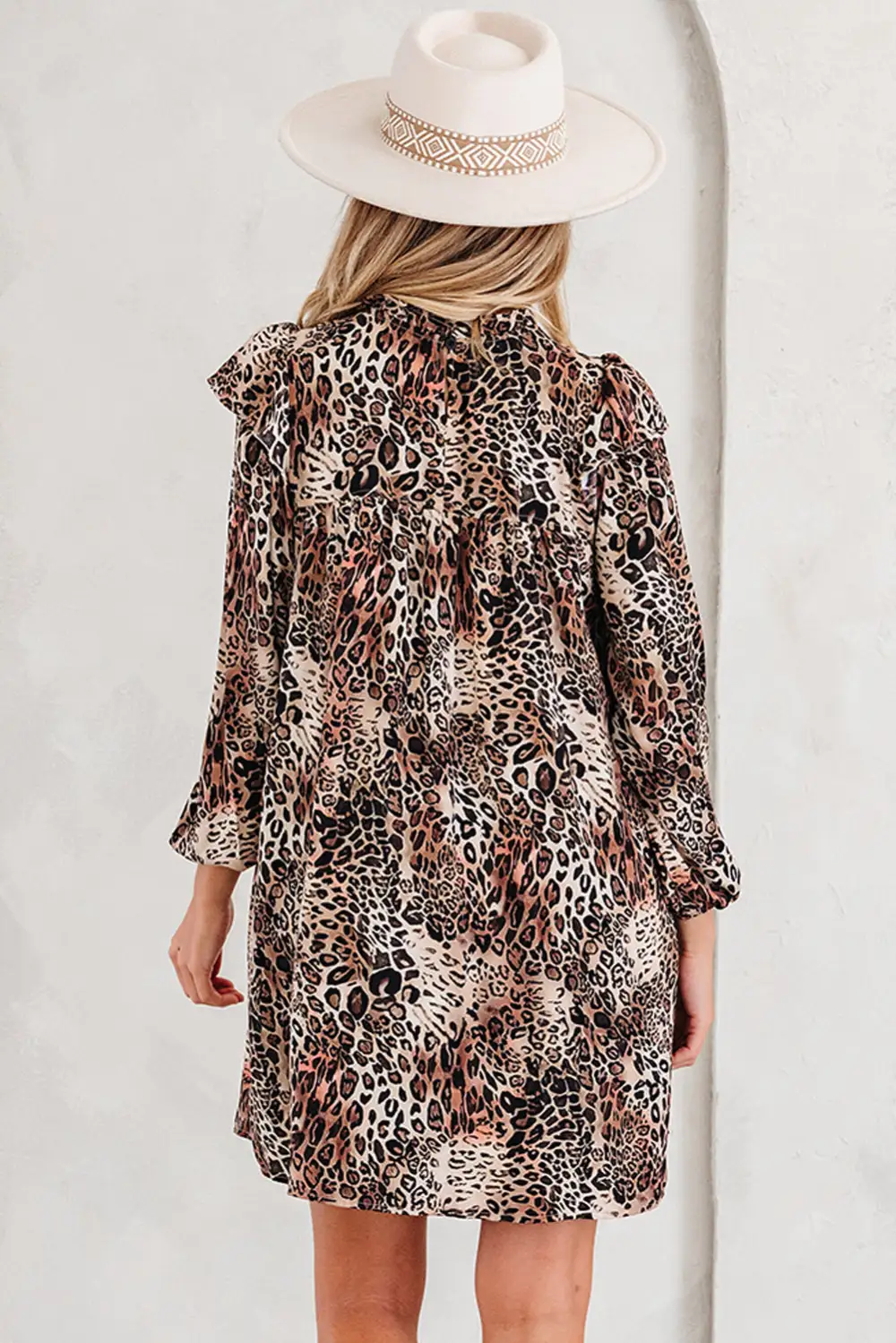 Leopard Ruffled Detail Long Sleeve Loose Mini Dress