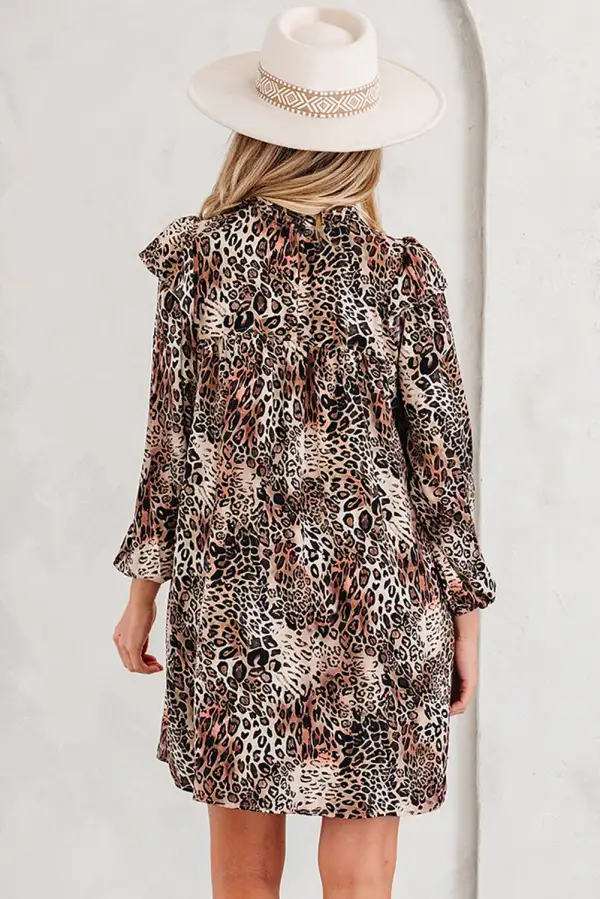 Leopard Ruffled Detail Long Sleeve Loose Mini Dress