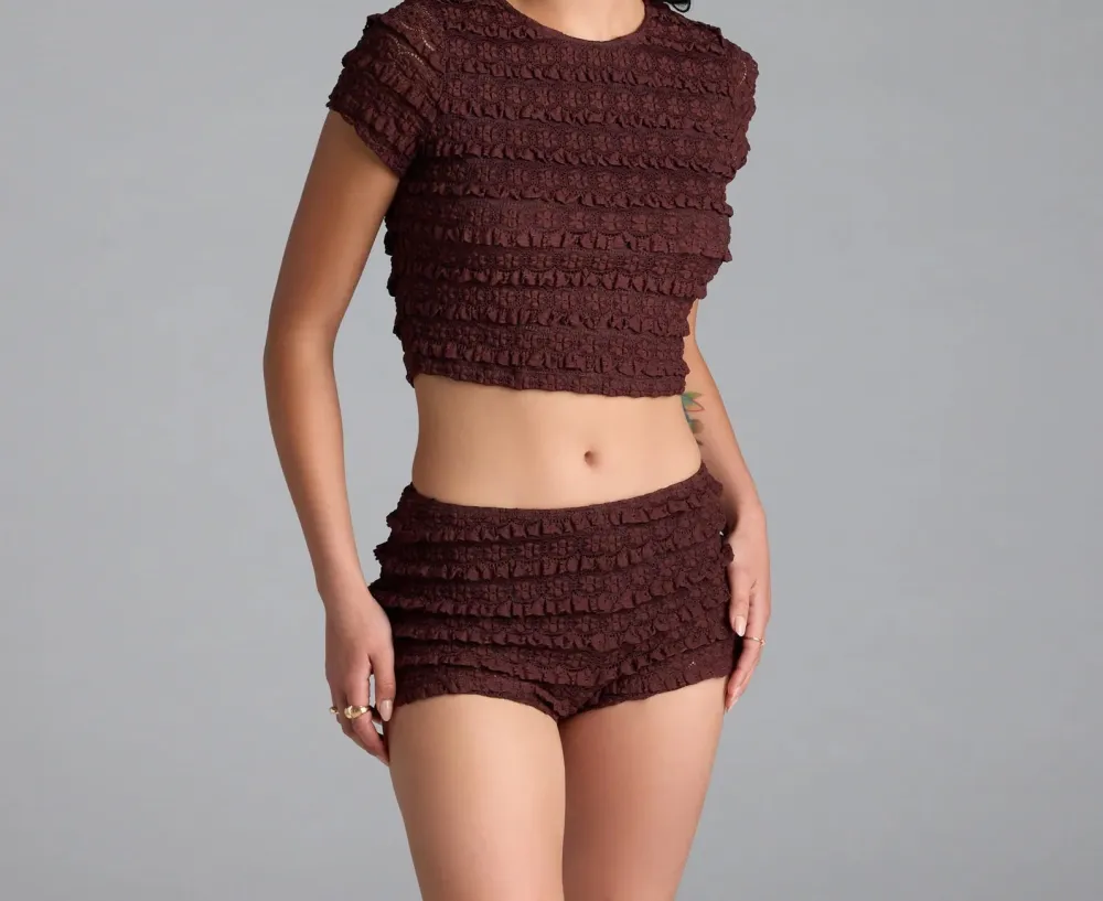 Brown Lace Low-Rise Ruffled Shorts