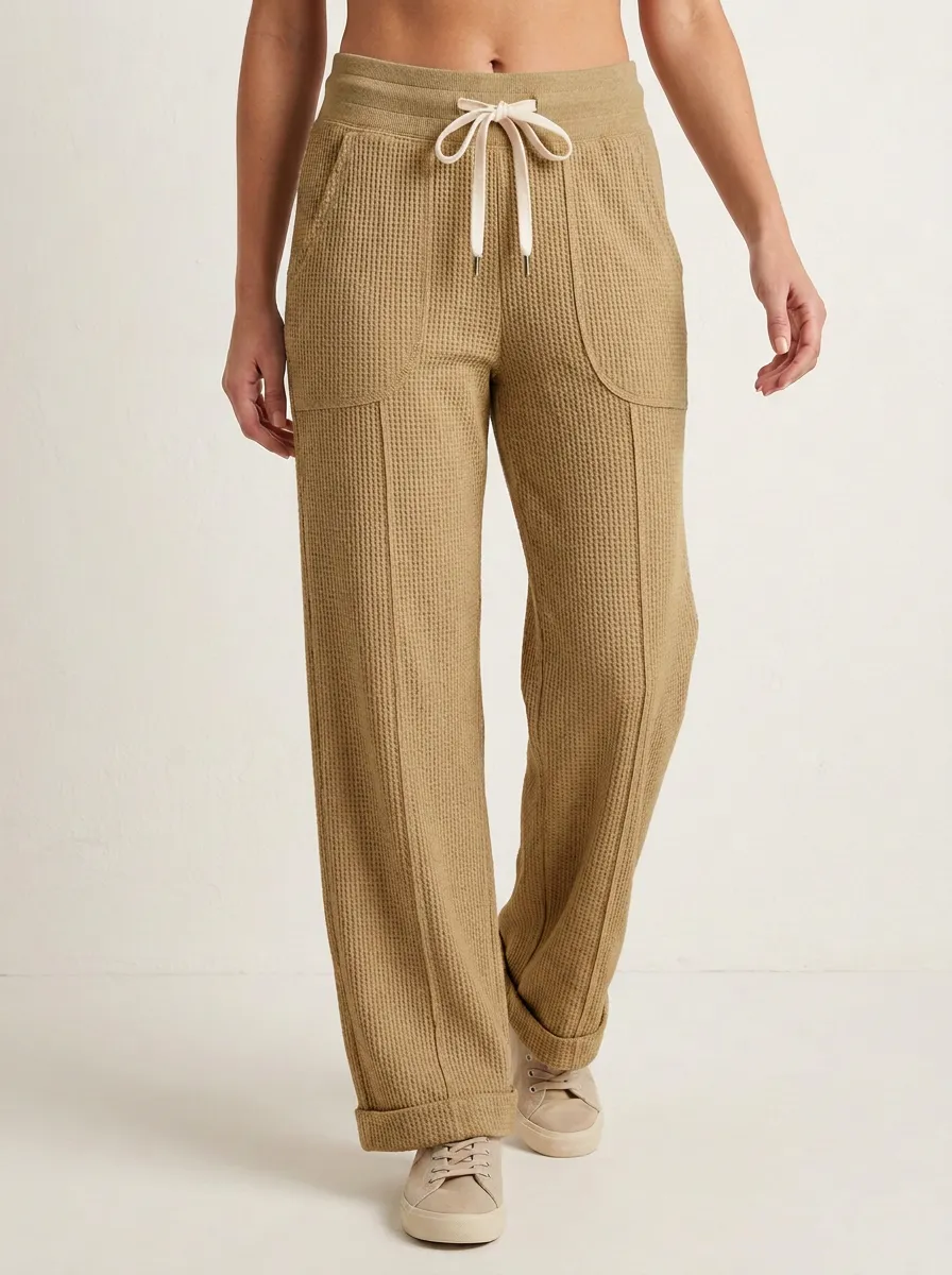 Women's Casual Lounge Waffle Knit Drawstring Wide Leg Pants