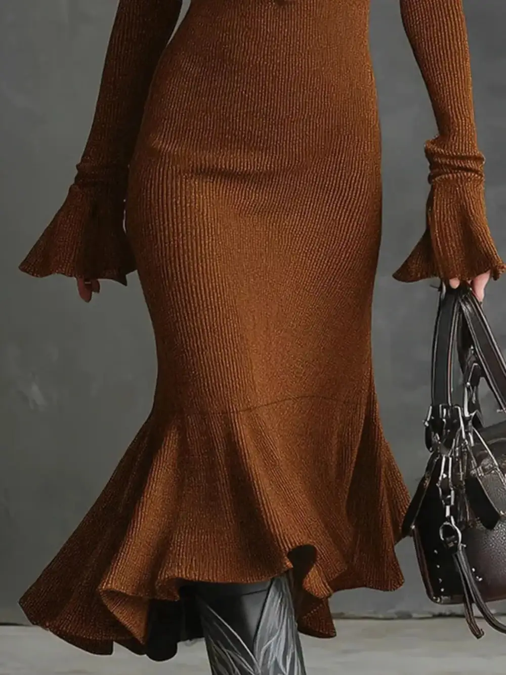 Ribbed Knit Zip Front Midi Dress