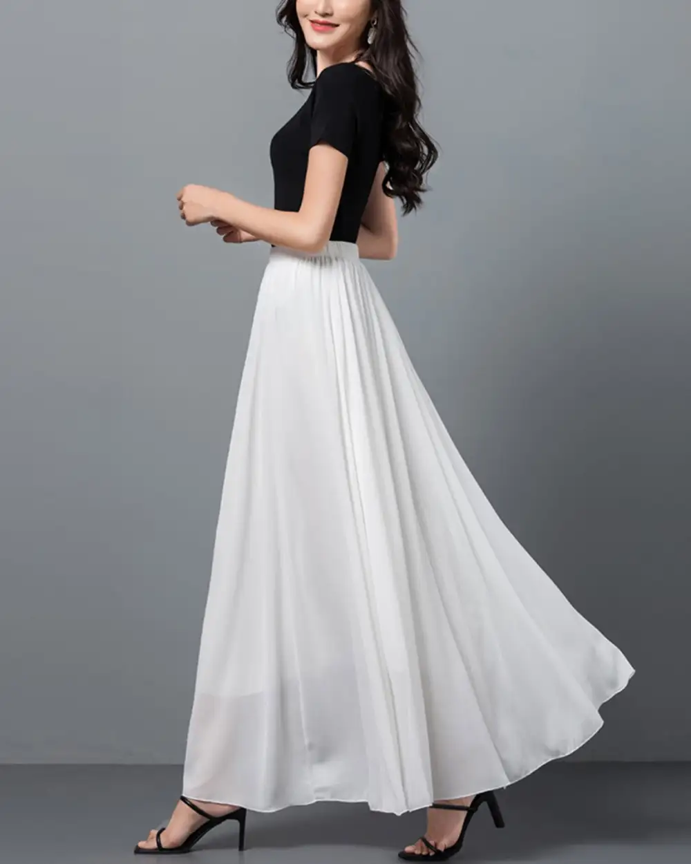 Elastic Waist Chiffon A Line Maxi Skirt