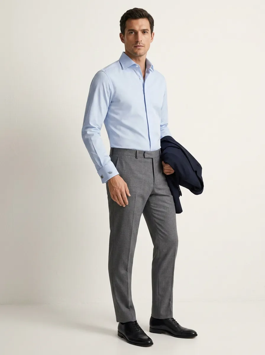 Men's Business Casual Non-Iron Cotton Light Blue Dress Shirt