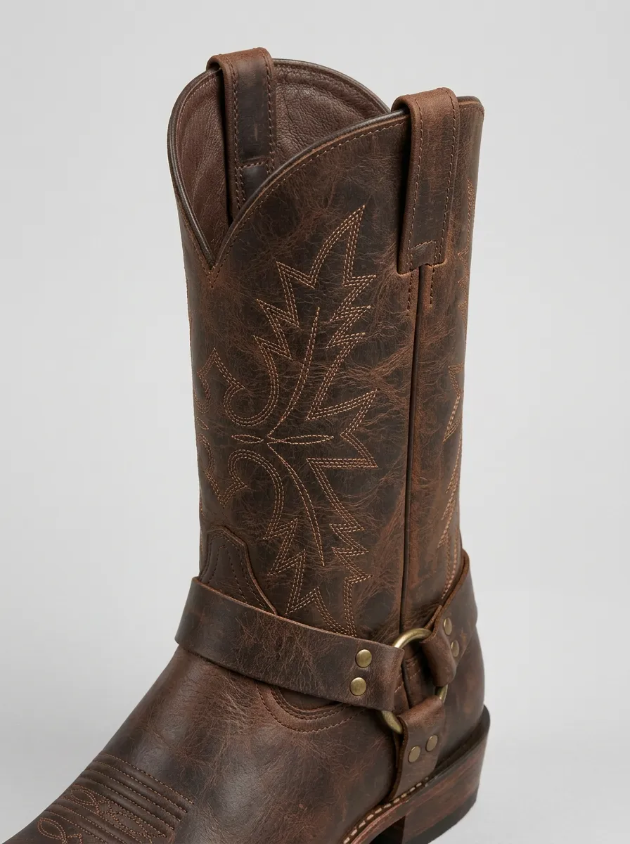 Men's Western Cowboy Brown Leather Harness Square Toe Boots
