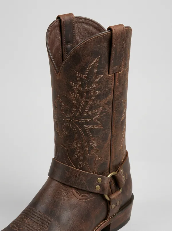 Men's Western Cowboy Brown Leather Harness Square Toe Boots