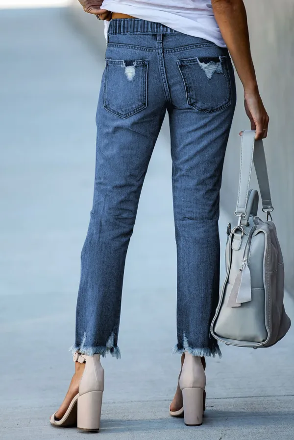 Dark Blue Raw Hem Straight Jeans