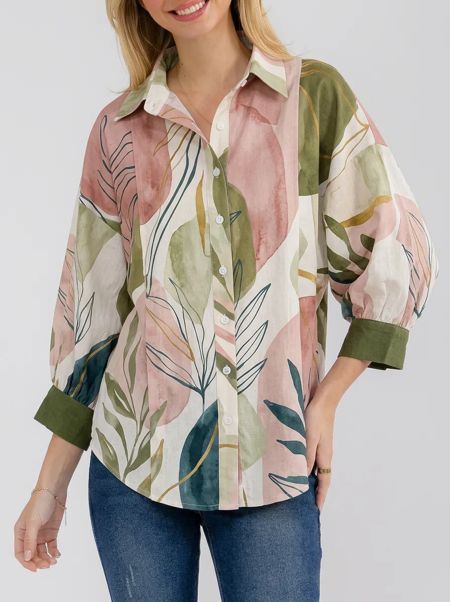 Women's Botanical Abstract Leaf Graphic Button-Down Shirt