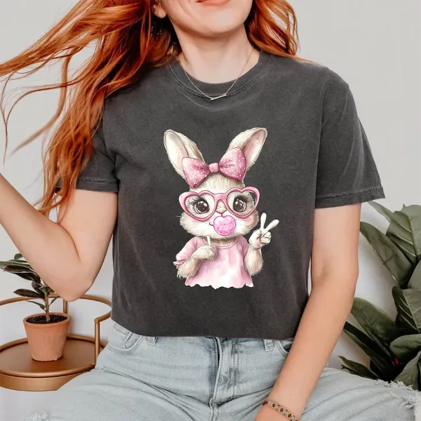  Pink Bunny Blowing Bubbles Printed Round Neck Short Sleeve T-Shirt