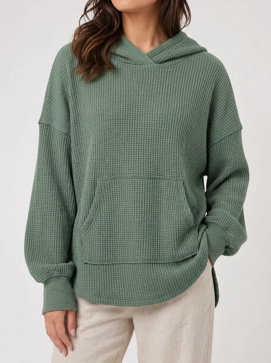 Women's Waffle Knit Crossover Hood Kangaroo Pocket Pullover