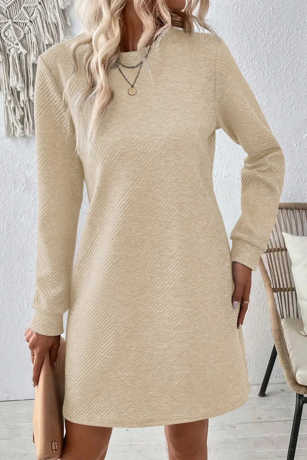 Classic Solid Color Textured Long Sleeve Shift Dress