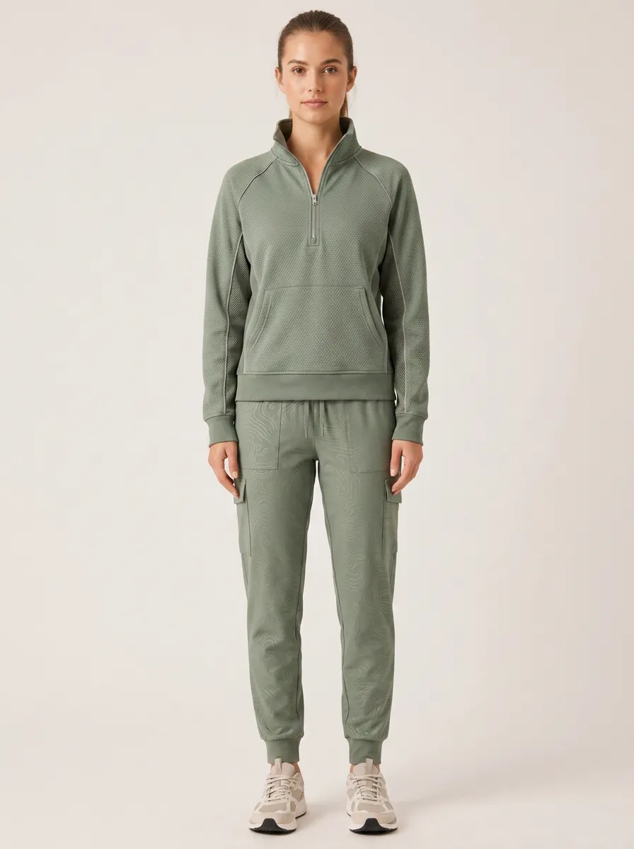 Women's Sage Green Quarter-Zip Pullover and Cargo Jogger Set