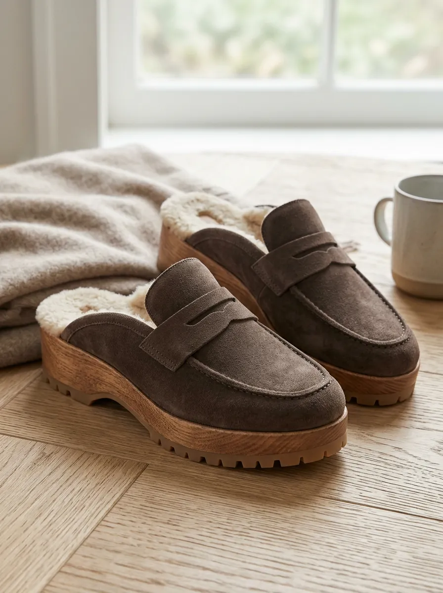 Women's Polished Faux Fur Lined Platform Suede Wood Sole Loafers