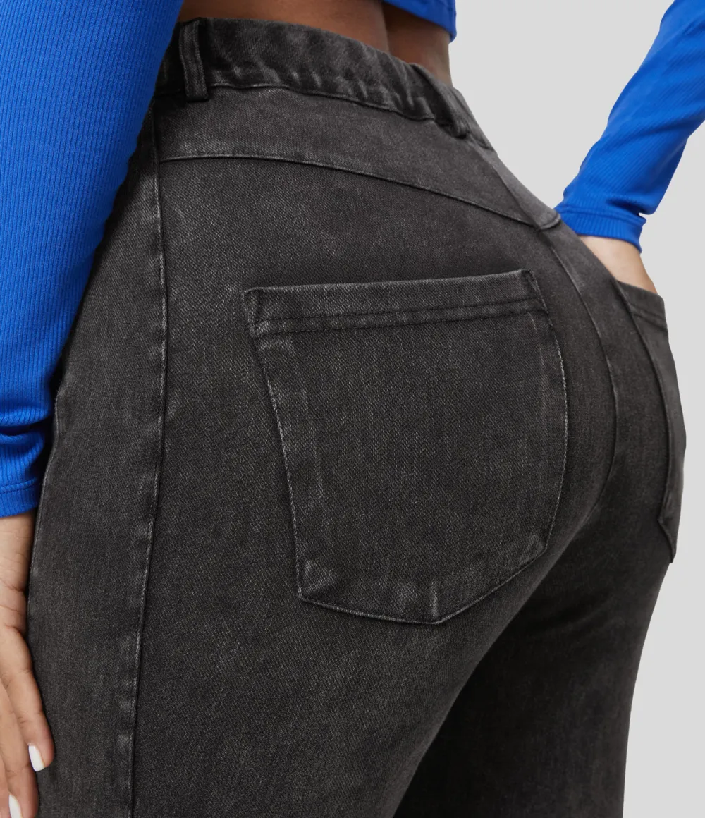 Magic High Waisted Multiple Pockets Washed Stretchy Knit Casual Super Flare Jeans