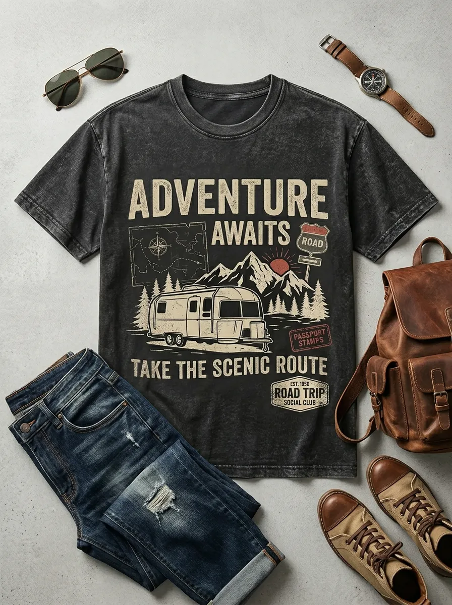 Unisex Adventure Lover Camper Van Mountain Printed T-shirt