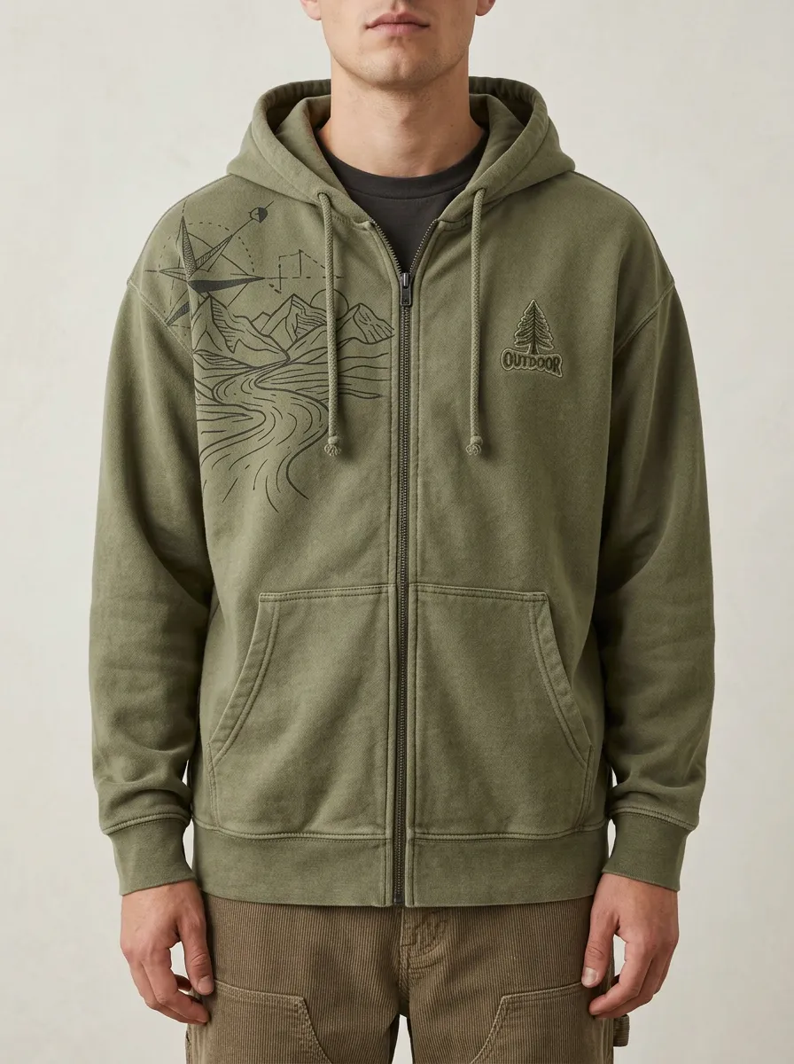Men's Outdoor Adventure Mountain Compass Full-Zip Hoodie with Chest Embroidery