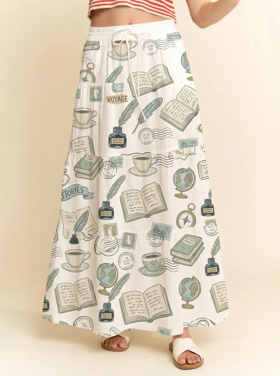 Women's Book Lover Vintage Travel Printed Maxi Skirt