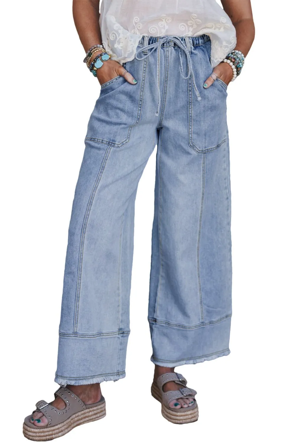 Drawstring Relaxed Fit Wide Leg Raw Hem Casual Jeans