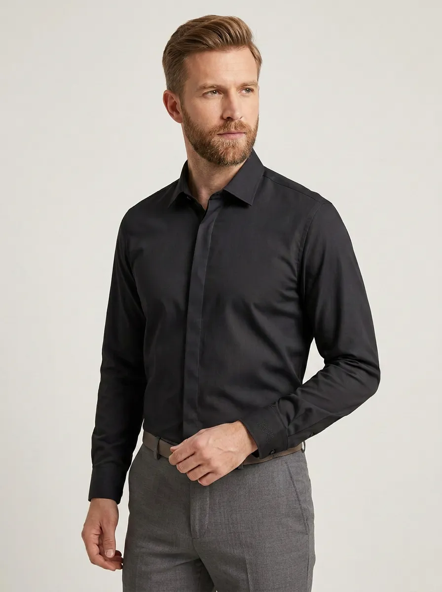 Men's Non-Iron Cotton  Logo Embroidered Long Sleeve Shirt