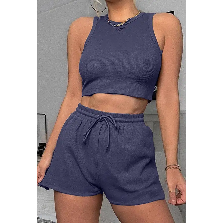 Relaxed Round Neck Top and Drawstring Shorts Set