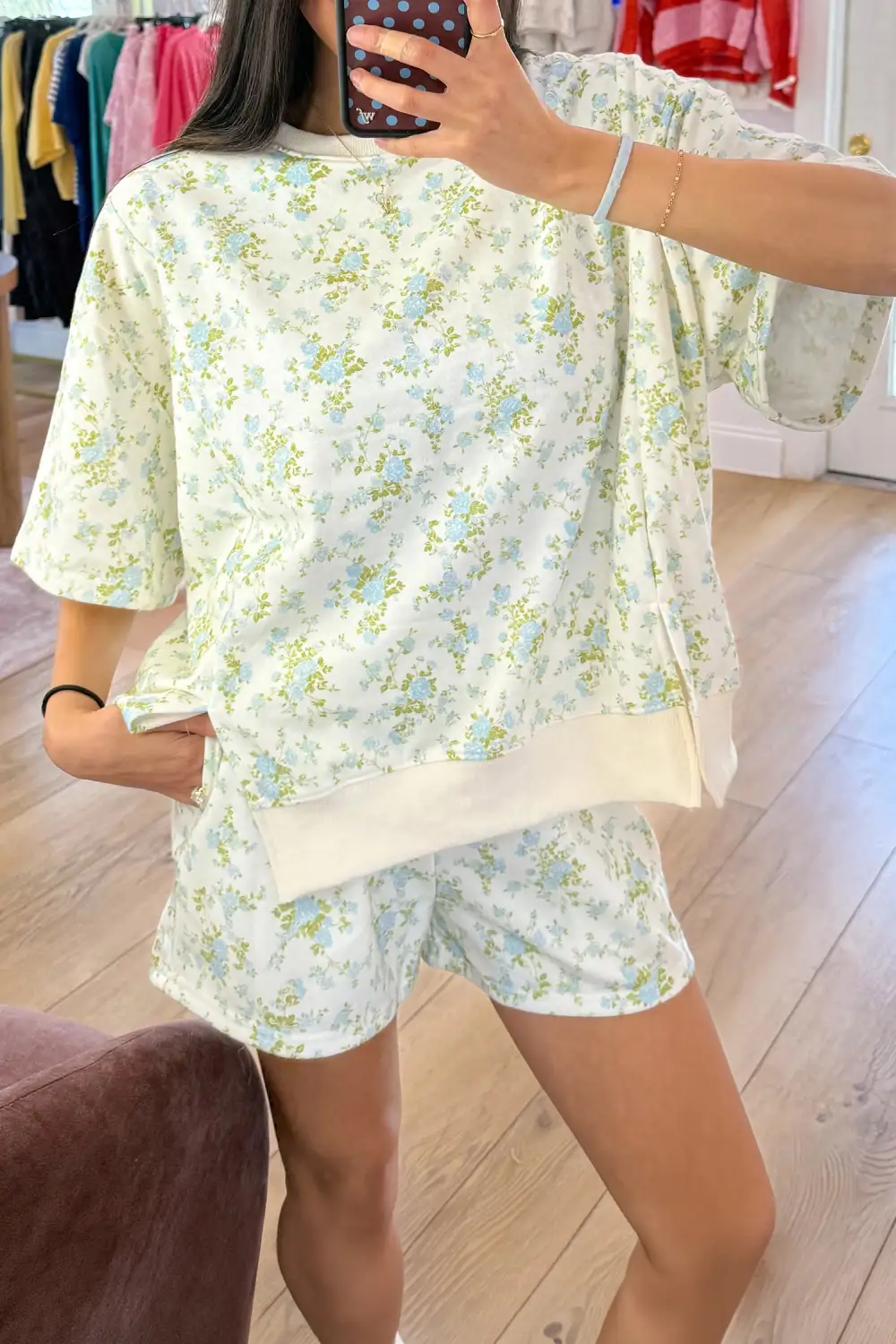 Women's Floral Print Short Sleeve Elastic Waist Pocket Two Piece Set