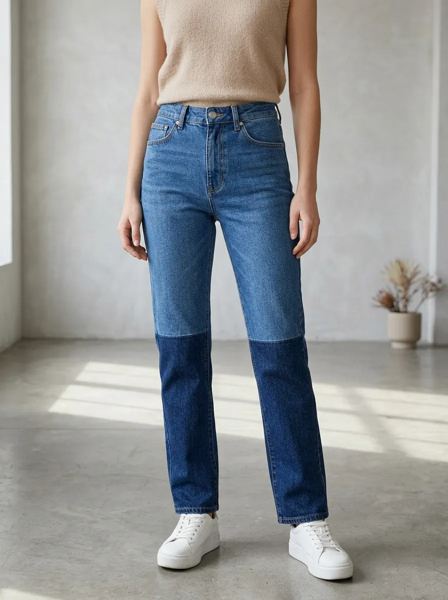 Women's Casual Fashion Two-tone Color Block Denim Pants
