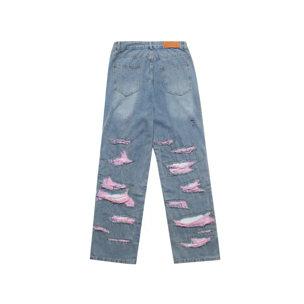 Patchwork Ripped Wide-Leg Jeans