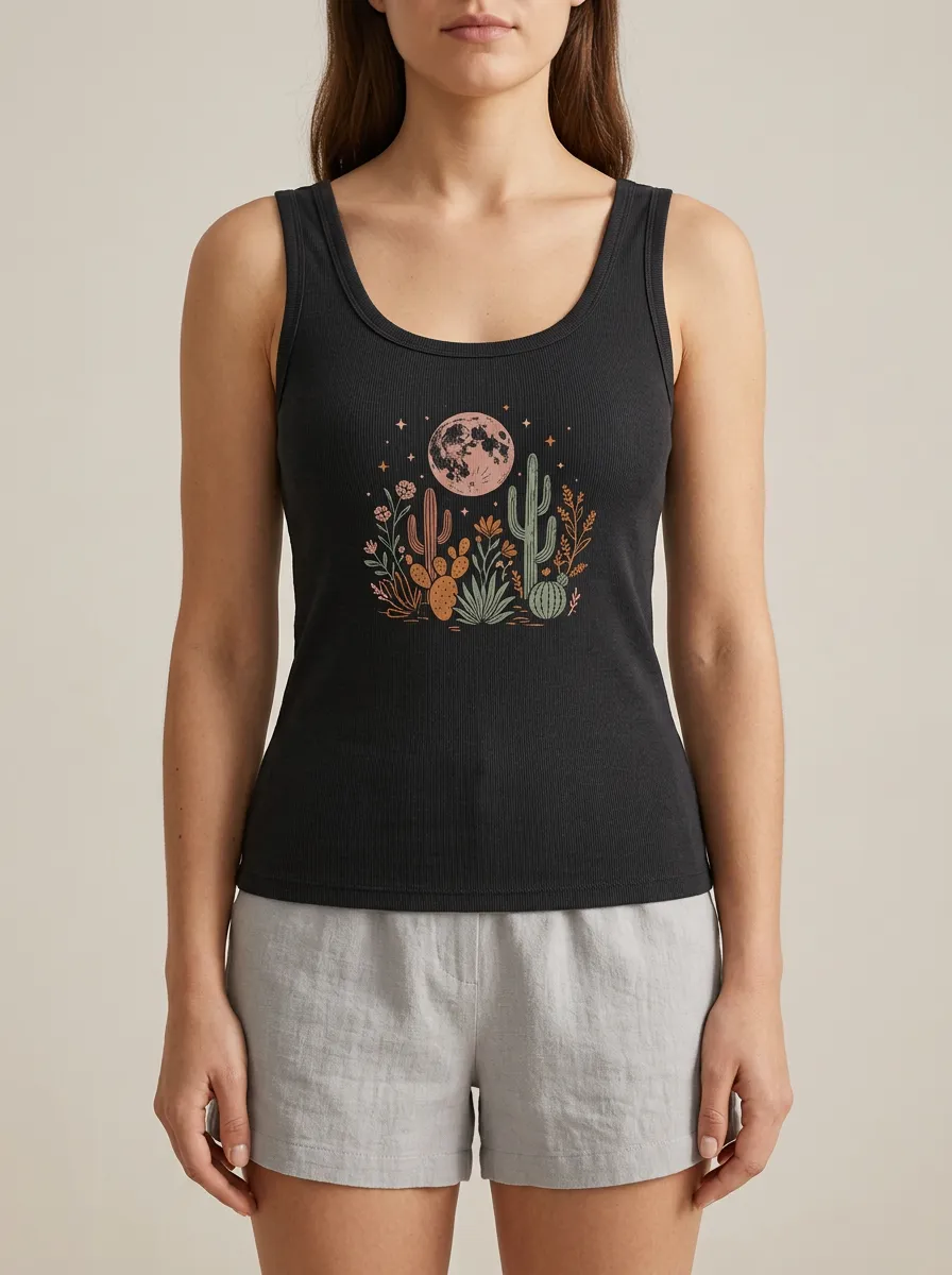 Western Cactus Moon Built-In Bra Tank Top