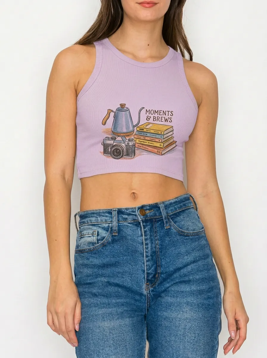 Women's Coffee Book Camera Lover Moments & Brews Graphic Ribbed Crop Tank Top