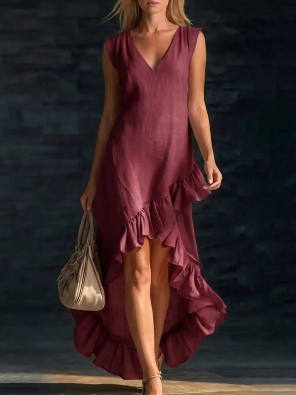 V-Neck Ruffle Hem High-Low Dress