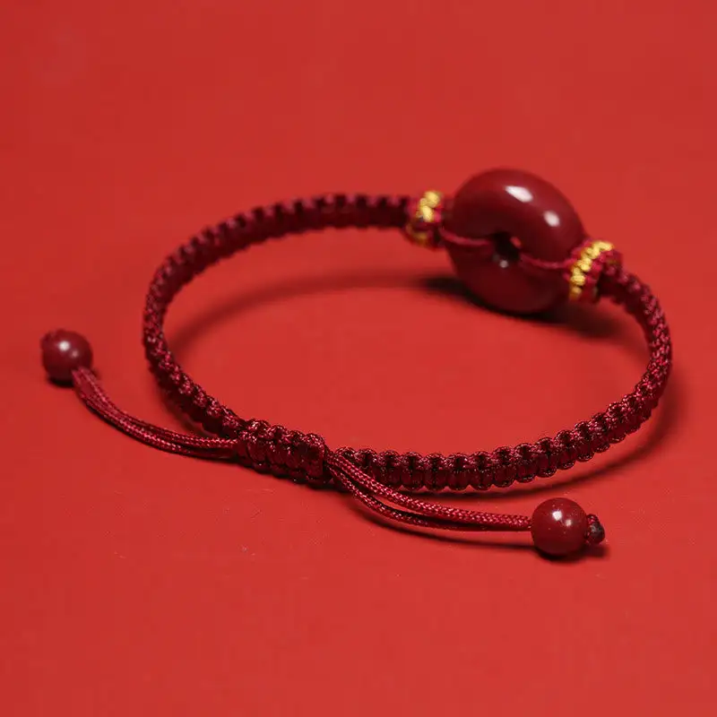 Handmade Cinnabar Round Buckle Concentration Braided Bracelet