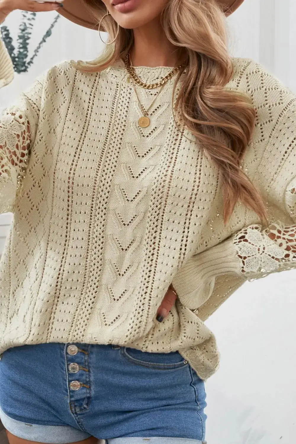 Long Sleeve Round Neck Openwork Sweater