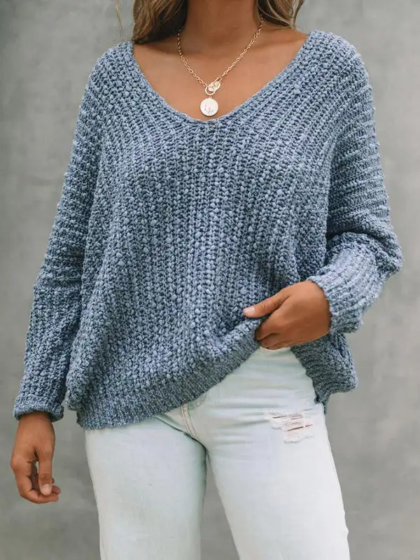 V-Neck Long Sleeve Relaxed Fit Pullover Sweater