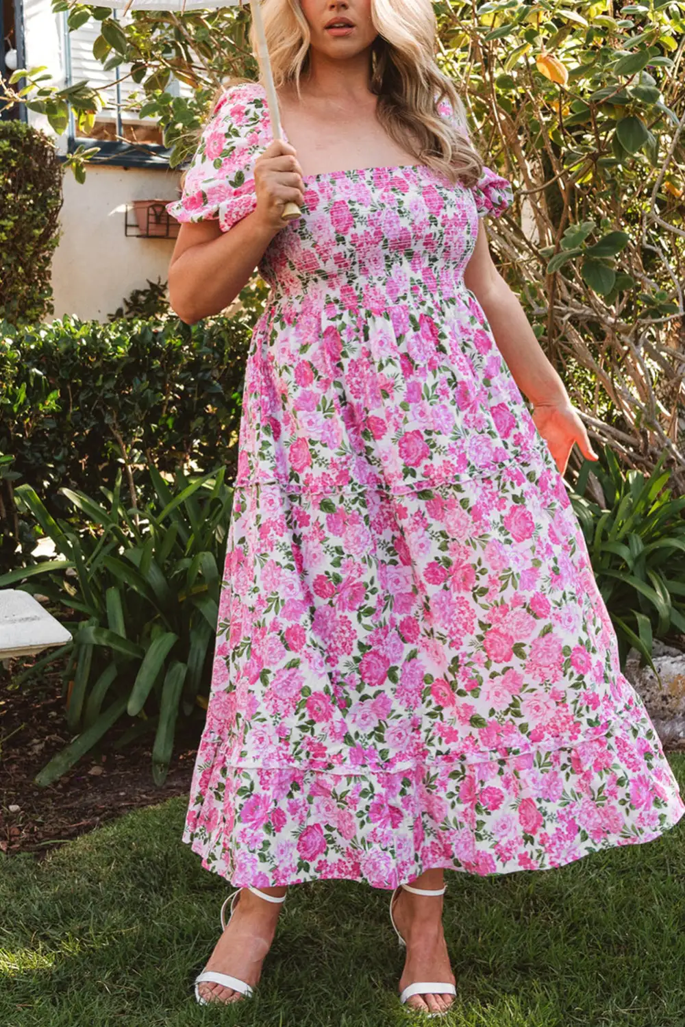 Classic Dainty Floral Smocked Puff Sleeve Flowy Long Dress