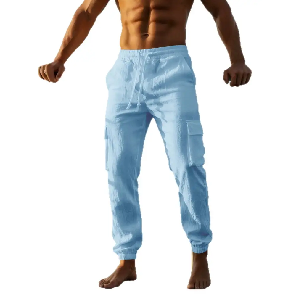 Men's Summer Linen Cargo Pants Waistband Pockets Cargo Pants