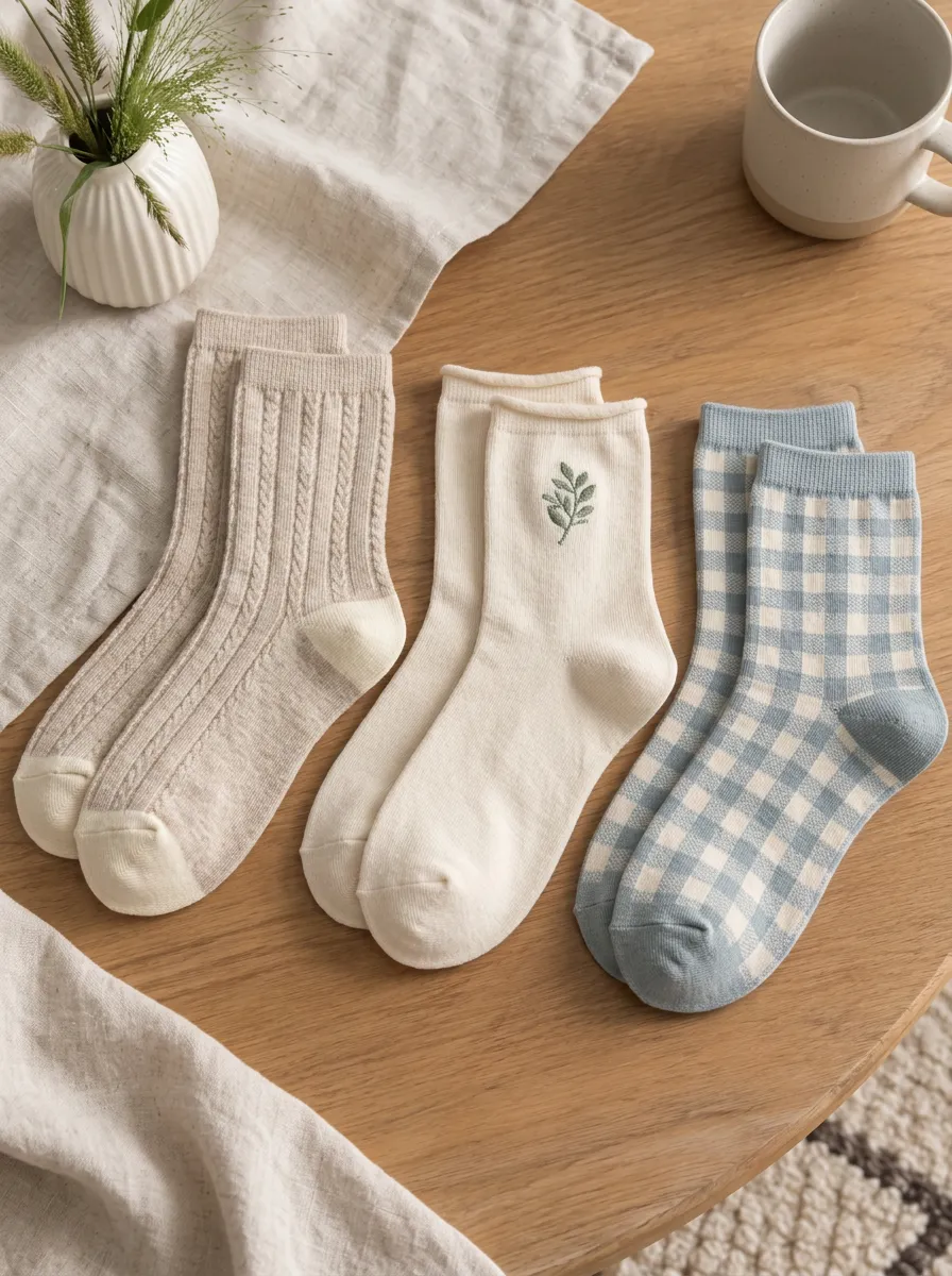 Women's Aesthetic Botanical Gingham Cable Knit Printed Socks 3-Pack