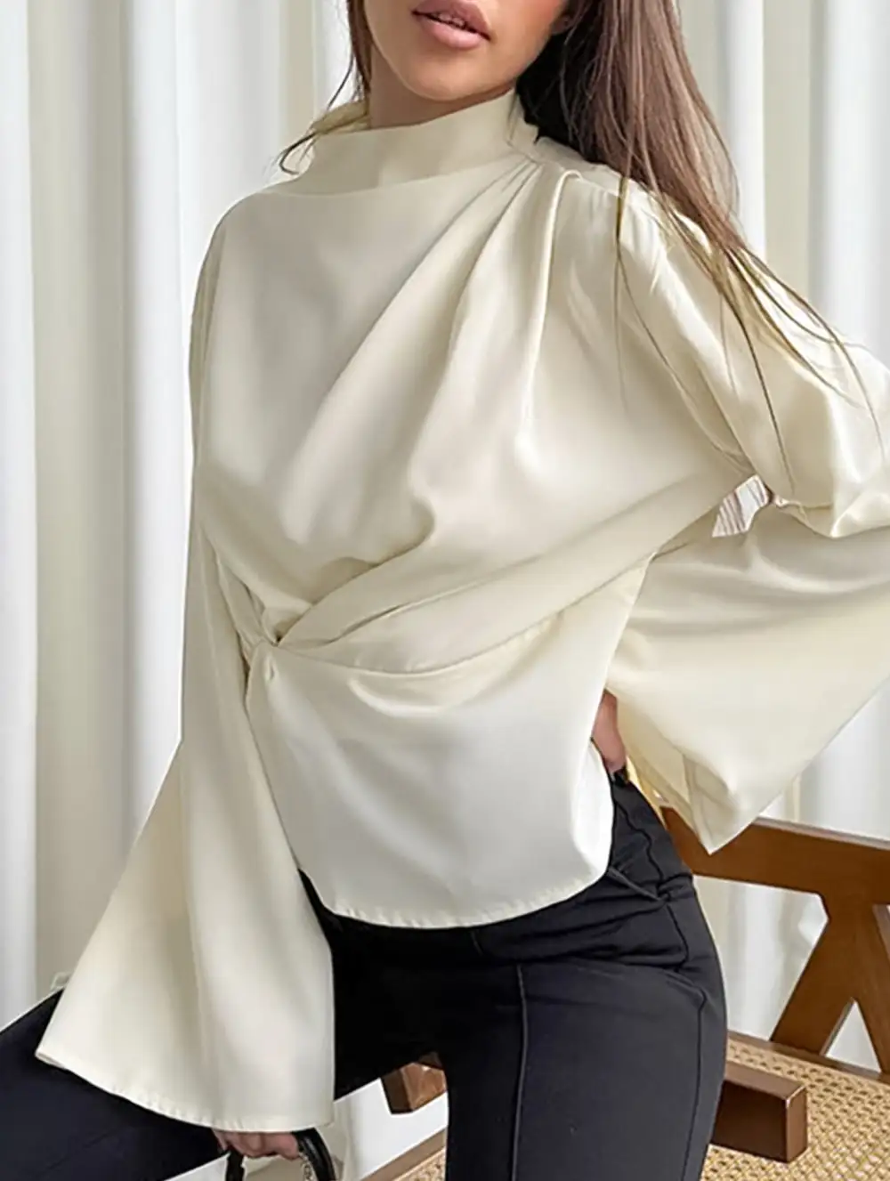 Waist Cinching Long Sleeve Slit Top