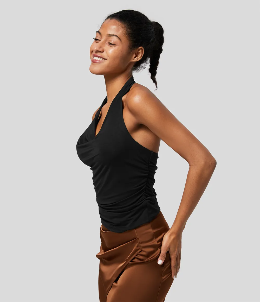 Halter Cowl Neck Backless Ruched Casual Tank Top
