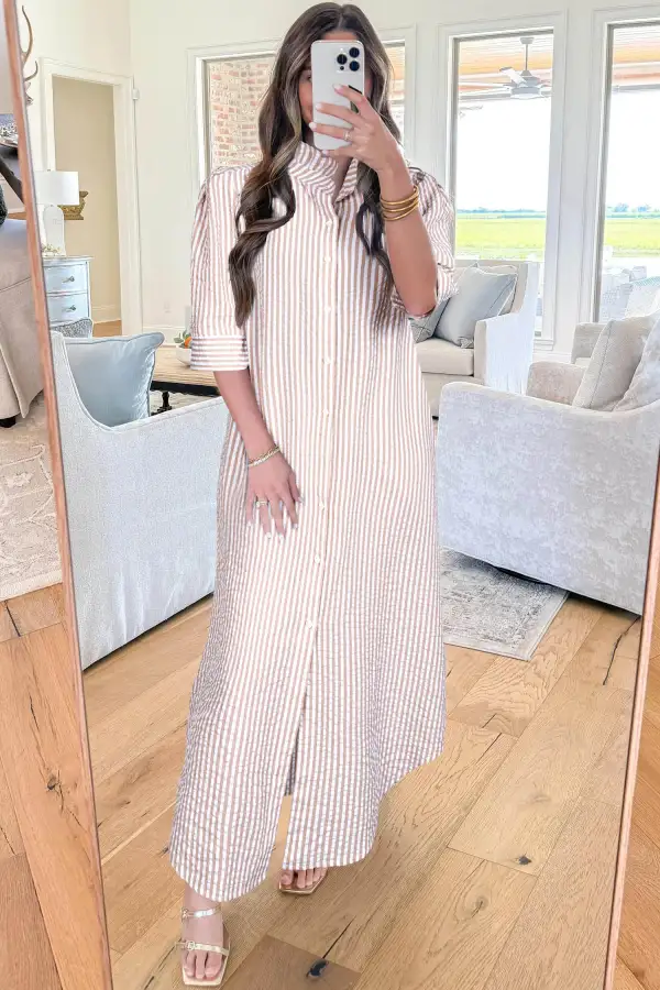 Stripe Frilled Collar Half Sleeve Shirt Maxi Dress