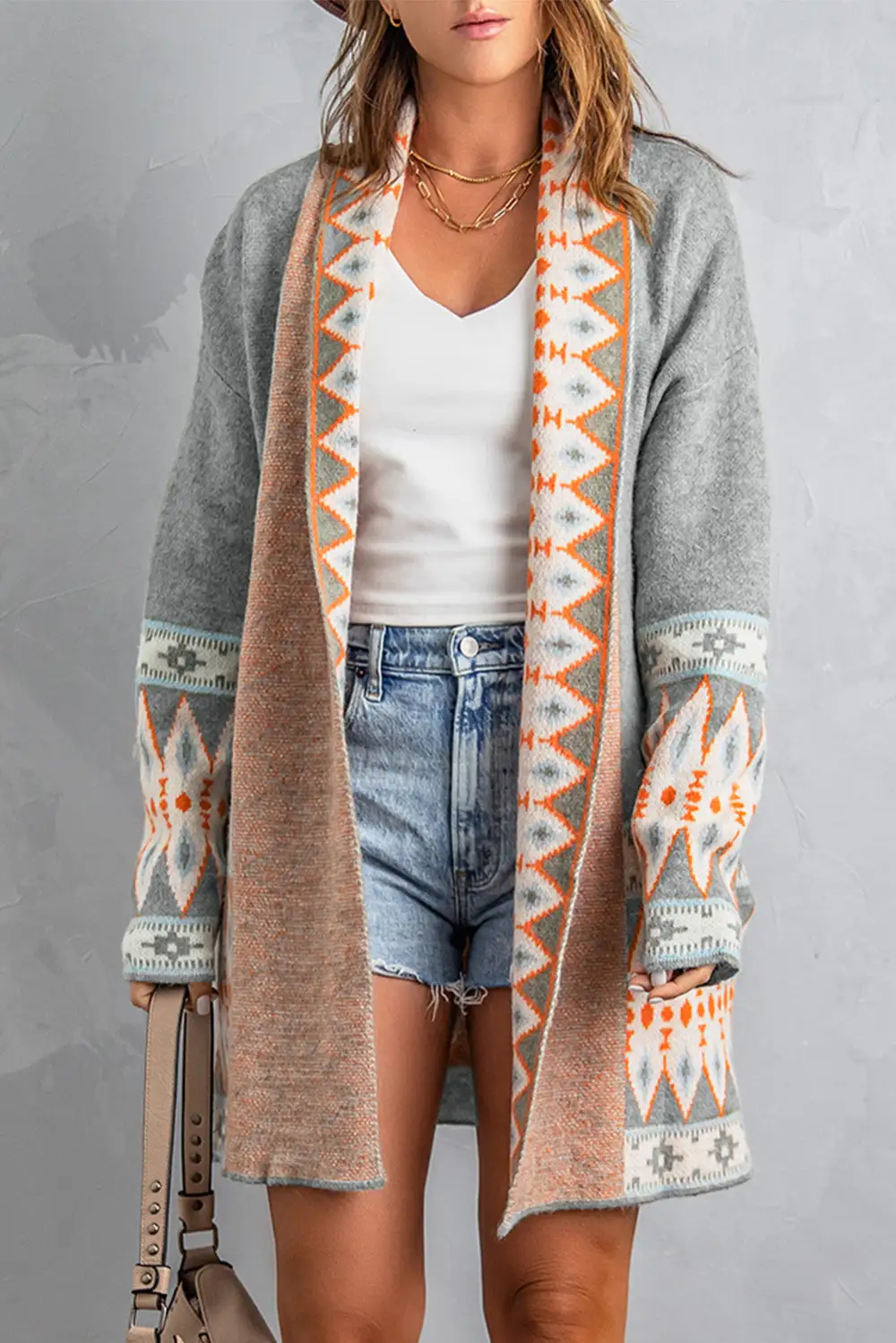 Aztec Print Open Front Knit Long Sleeve Cardigan