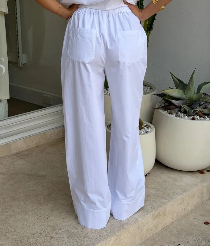 White Poplin Straight-Leg Pants