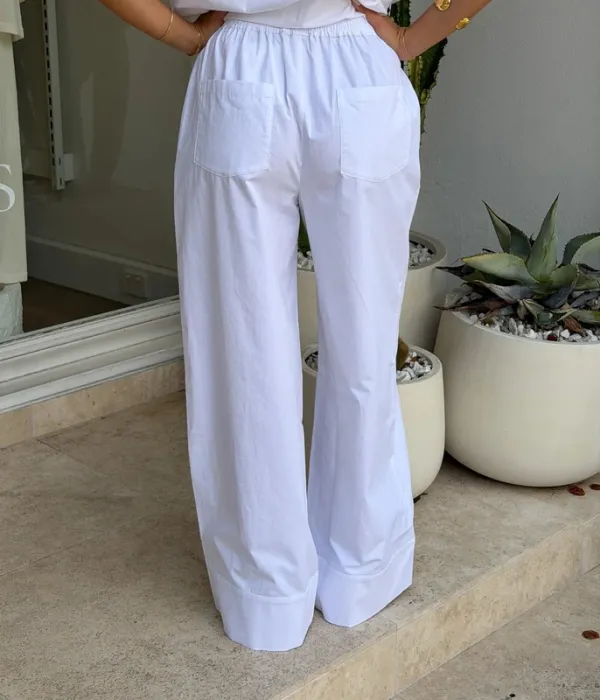 White Poplin Straight-Leg Pants