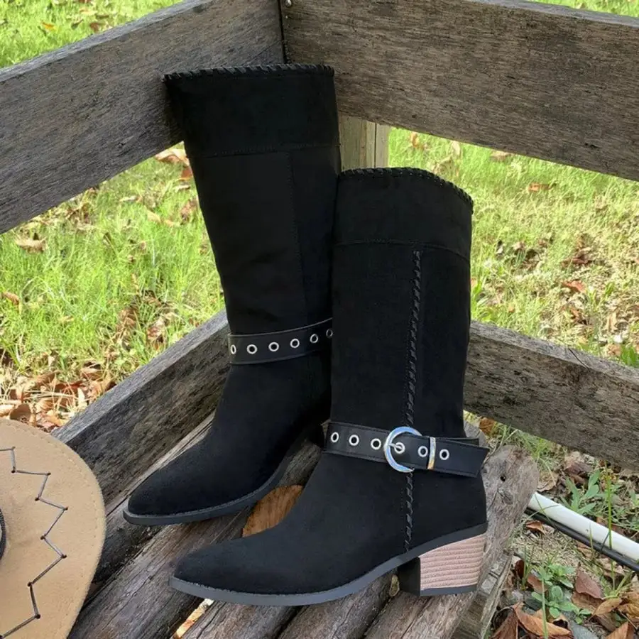 Simple Point Toe Block Heels Boots