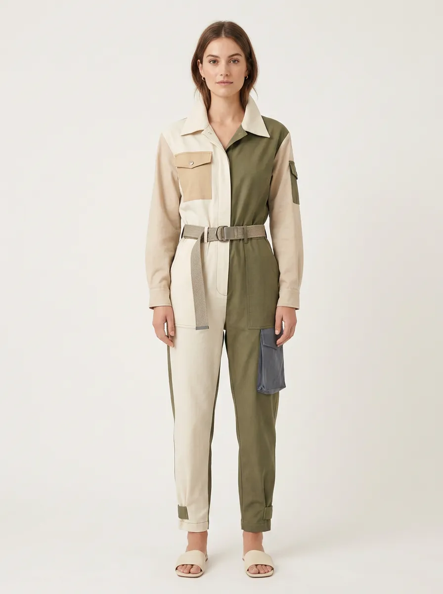 Women's Utility Style Two-Tone Colorblock Belted Jumpsuit