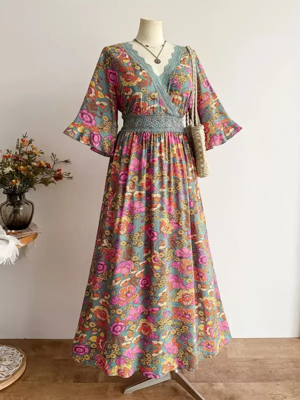 Floral Print Surplice Lace Trim Dress