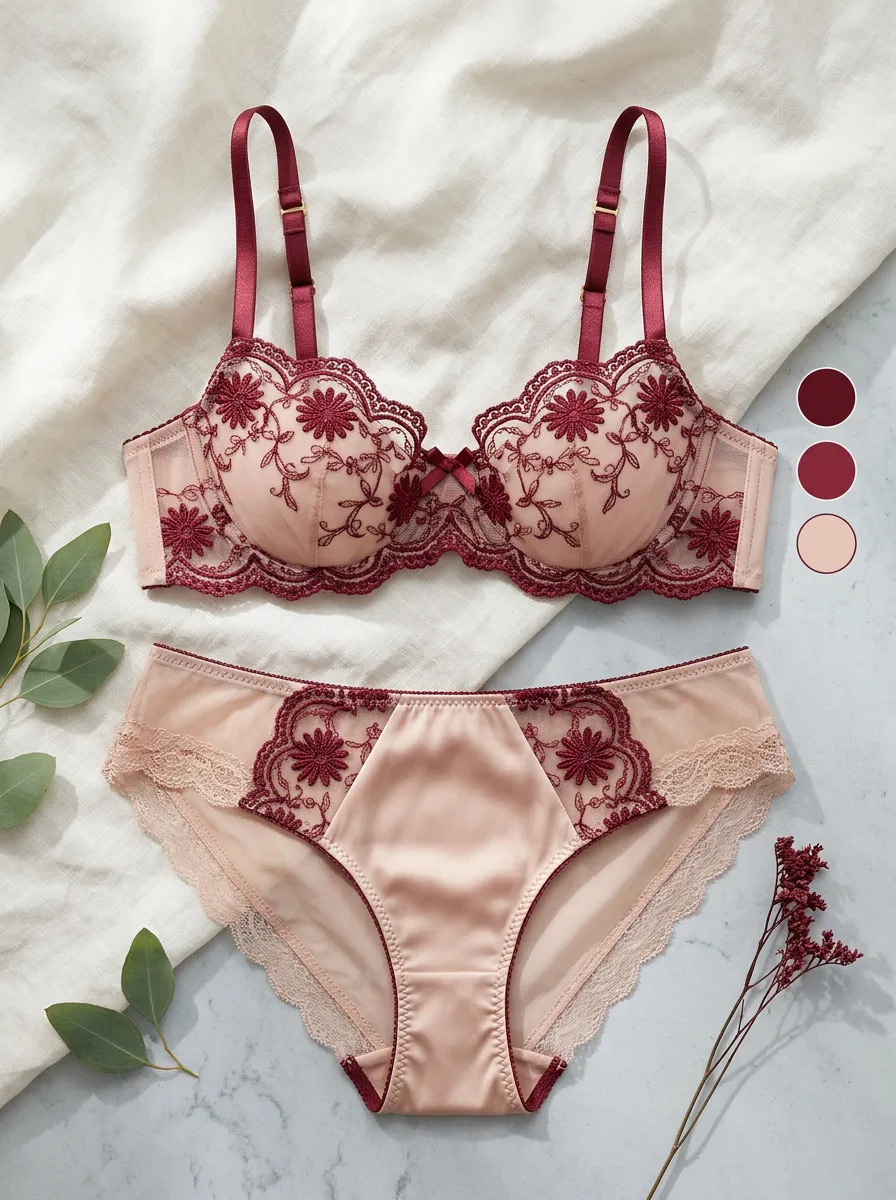 Women's Floral Embroidery Lace Trimmed Lingerie Set