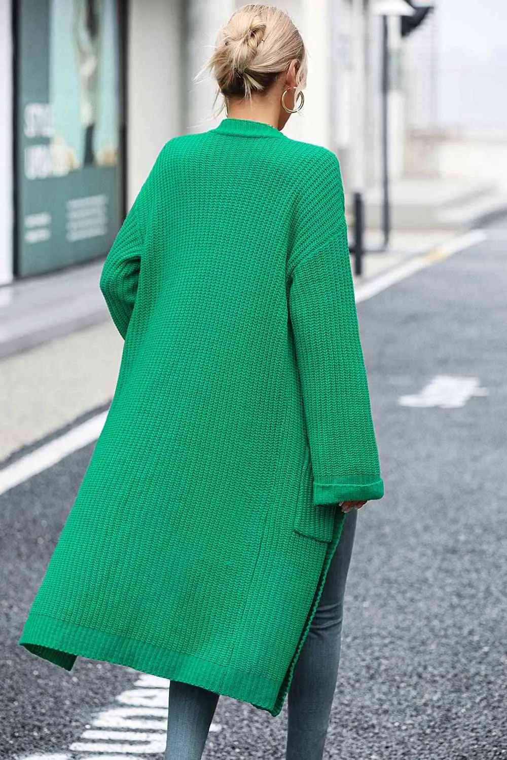 Open Front Dropped Shoulder Pocket Detail Cardigan