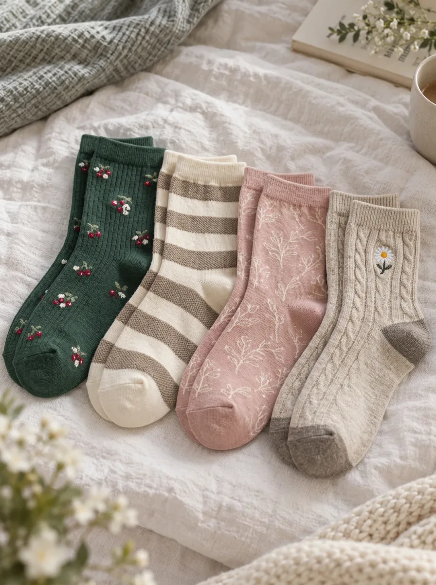 Women's Floral Striped Cherry Daisy Printed 4-Pack Socks